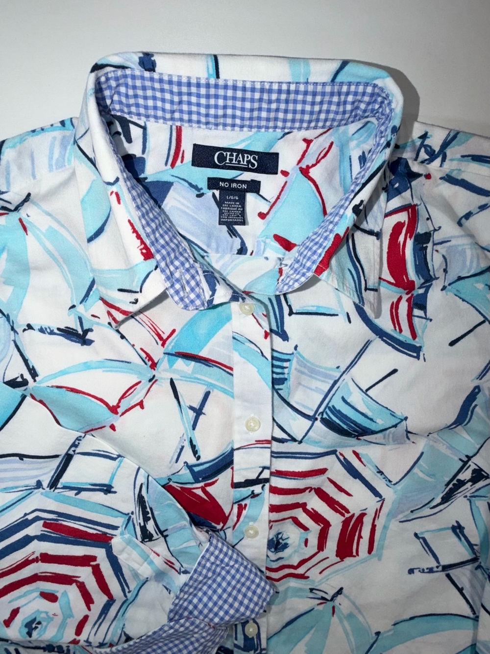 CHAPS No Iron Shirt Button Front Coastal Cruise Top 3/4 Sleeve USA Women’s L - Picture 2 of 12